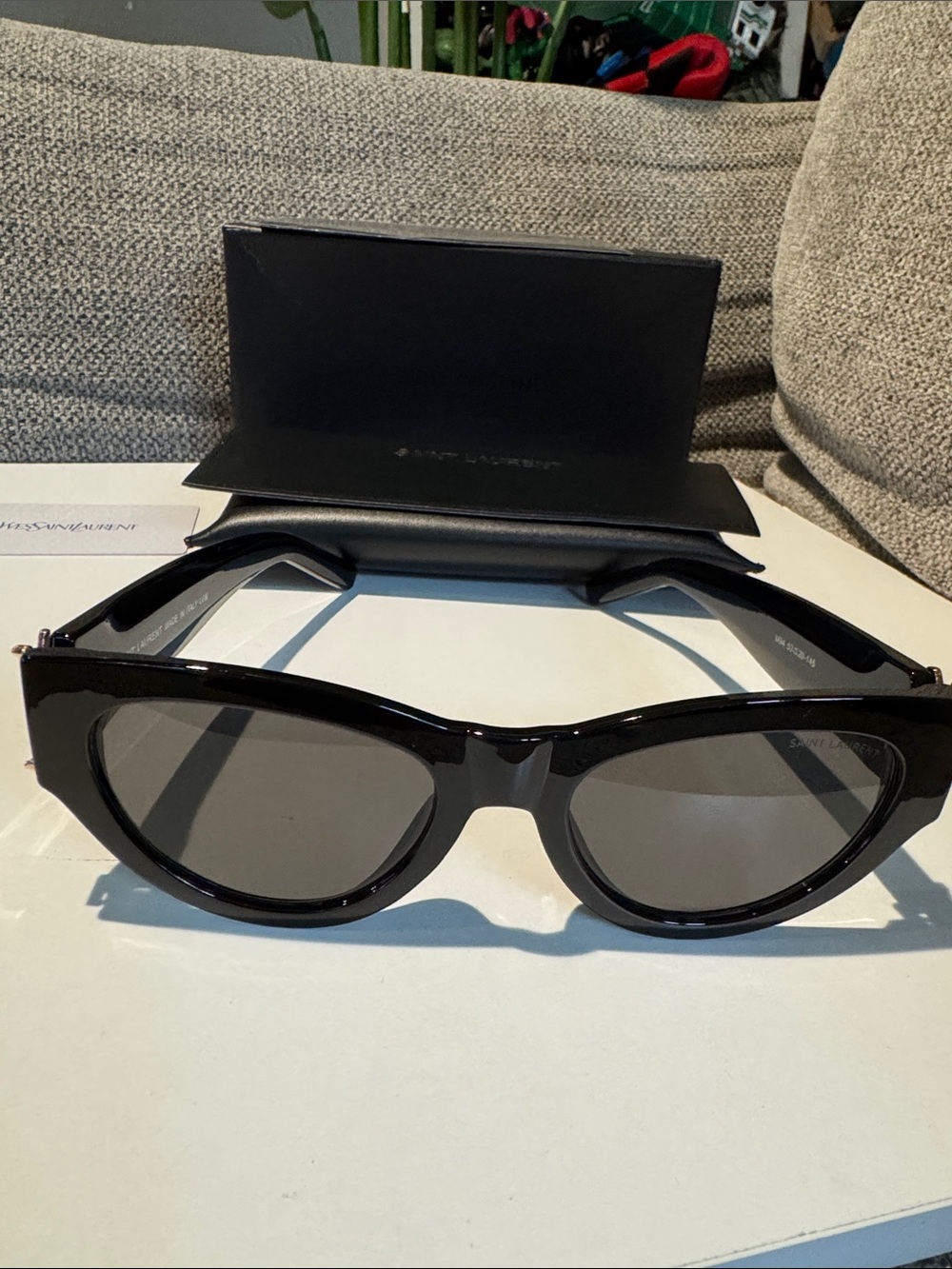 Saint Laurent Glossy Black Cat-Eye Sunglasses with Gold YSL Accent - Picture 2 of 7